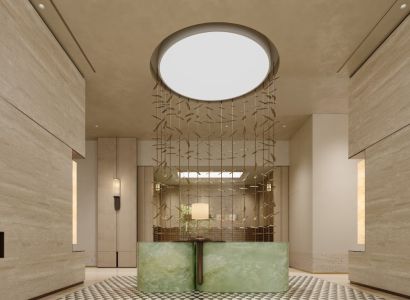 Reception in an apartment building with light decor and decorative curtains.