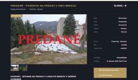 Land – for living, Hlavná, Sale, Humenné, Slovakia