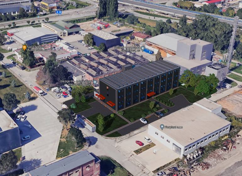 Warehouses and halls on Južná trieda in Košice, Juh district with a new building.