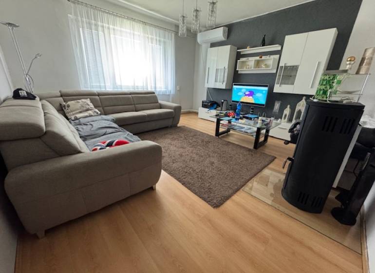 A living room in a family house with a comfortable sofa, modern furniture, and a television.