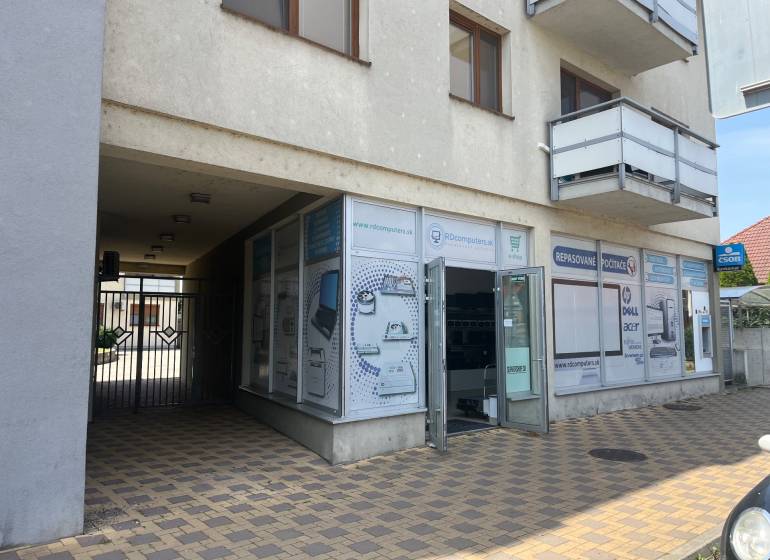 Retail spaces on Štúrova Street in Senec offer refurbished computers.