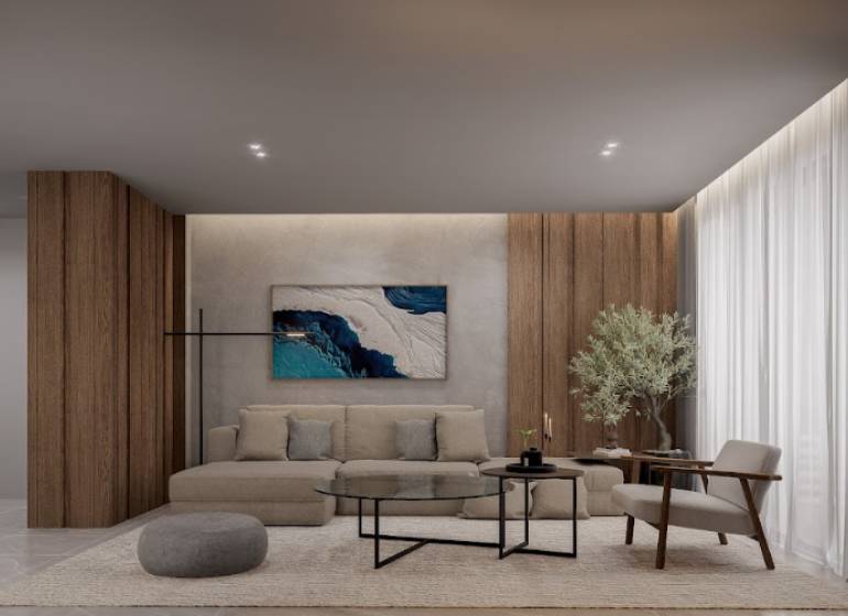 A comfortable living room of a 3-room apartment with a brown wall, sofa, painting, and table.