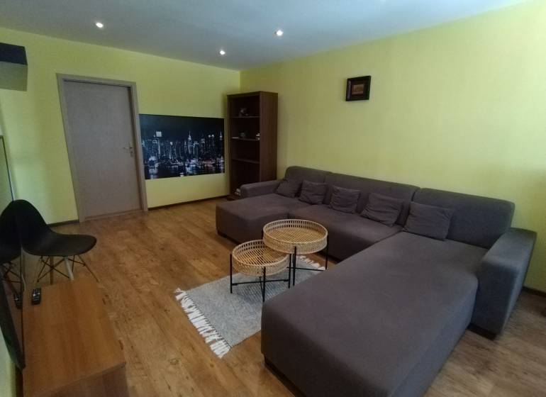 Living room with wooden flooring, gray sofa, chairs, and light yellow walls in a three-room apartment.