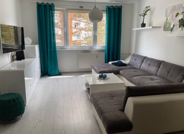 Living room with a sofa and television in a 3-room apartment, decorated with greenery and curtains.