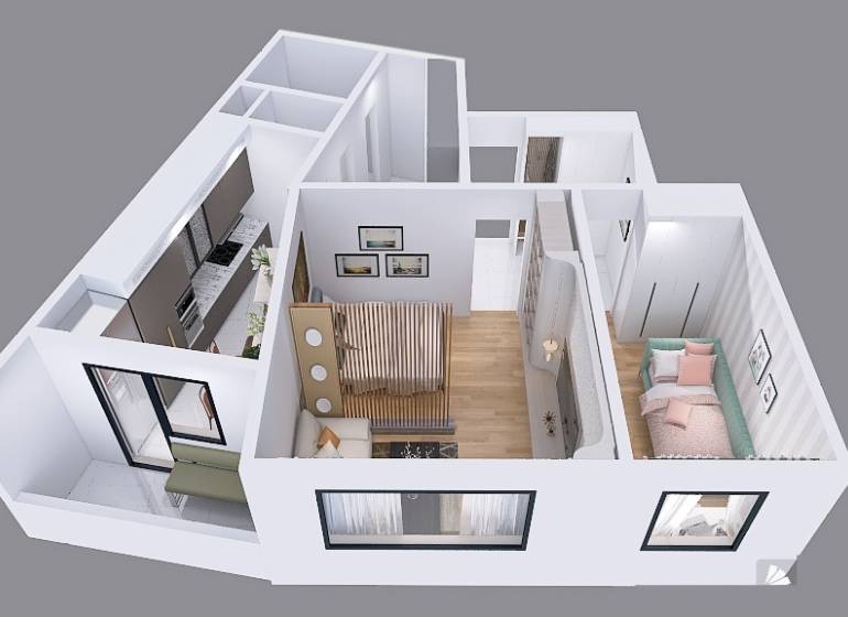 3D floor plan of a 2-room apartment showing the layout of the rooms.