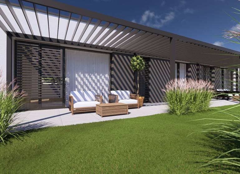 Family house in Gaboltov with a terrace, garden furniture, and ornamental grasses in the garden.