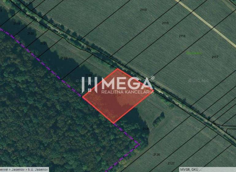Aerial view of plots in Jasenov, Jasenov with marked special properties near the forest.