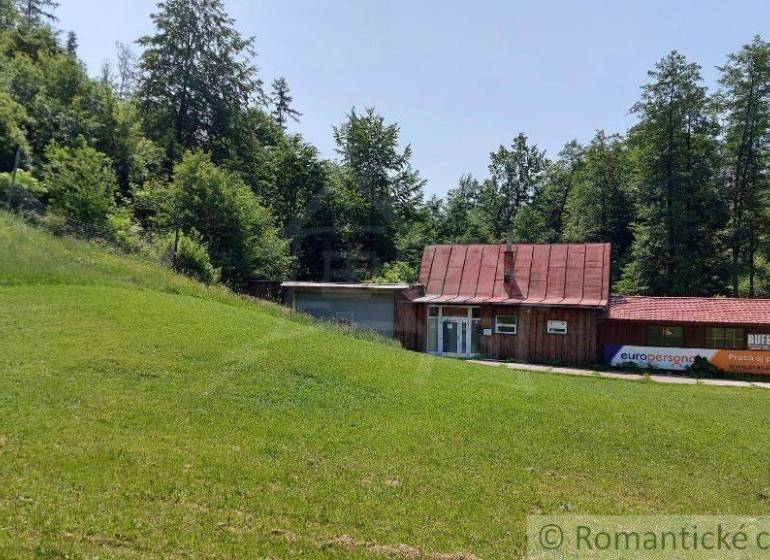 A cottage in Myjava surrounded by forest and grassy slope.