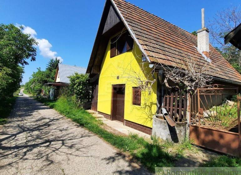 The yellow cottage in Malé Kozmálovce with a clay roof, surrounded by greenery and an access road.
