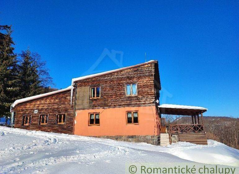 A snowy family house made of wood and brick with a porch, forest environment.