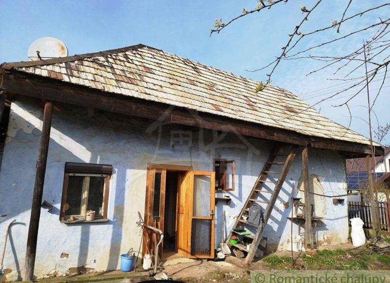 An old house with a wooden roof and an improvised ladder in the countryside.