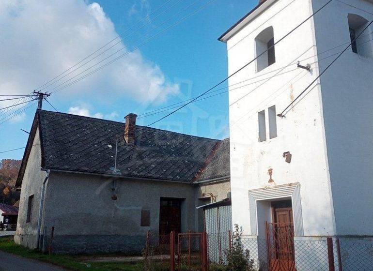 A family house and a tower by the road in a village setting, green grass and blue sky.