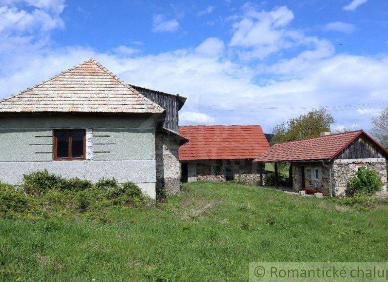 A country cottage on a grassy plot in nature, with a wooden roof and stone walls of a family house.