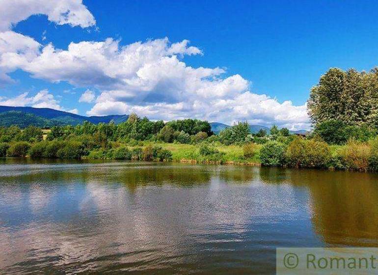 A lake with a blue sky, greenery, and recreational grounds in a picturesque landscape.