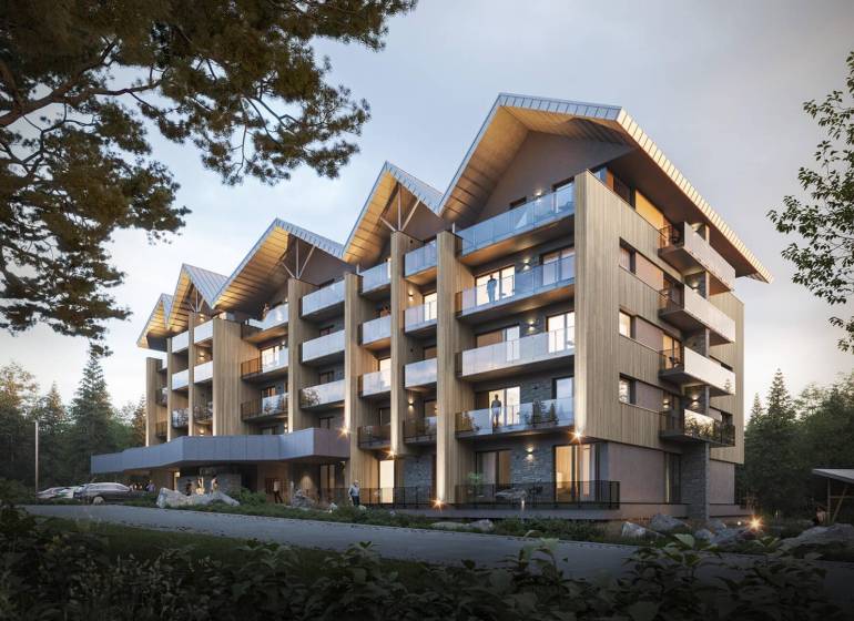 Recreational apartment in Štôla with views, balconies, and trees captured in the exteriors.