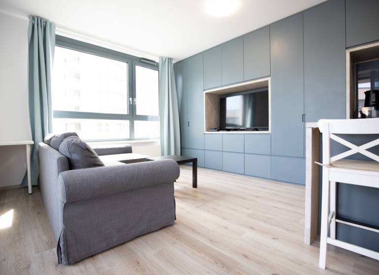 Bright living room with a sofa, television, and kitchenette in a 2-room apartment.