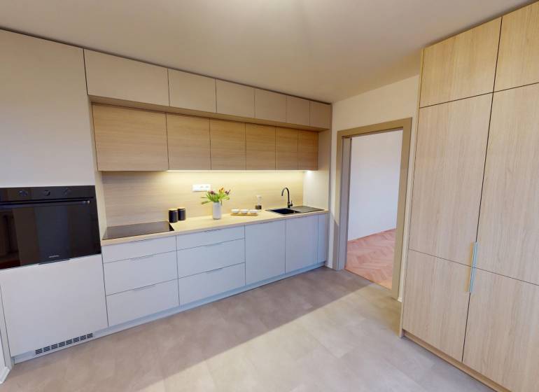 A kitchen in a 3-room apartment with wooden cabinets and appliances.