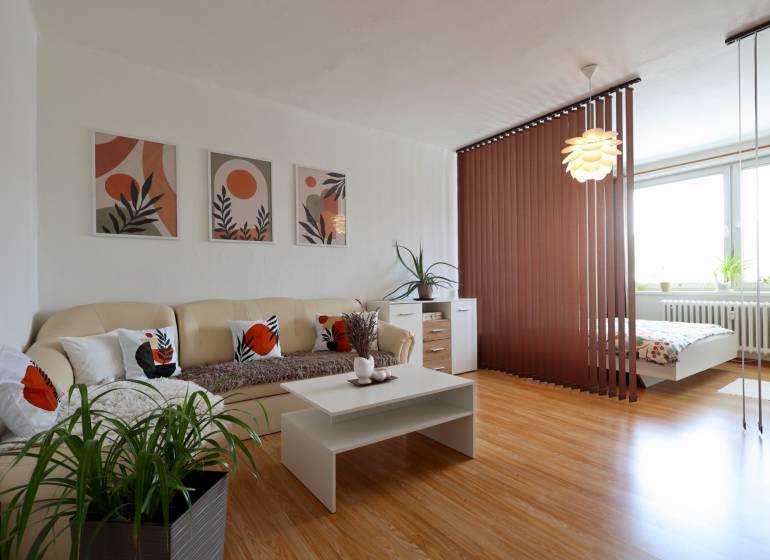Living room with a sofa, table, and placement of a painting in a 2-room apartment.