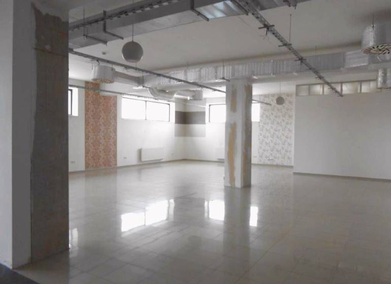 Empty commercial spaces with large windows and columns, suitable for various uses.