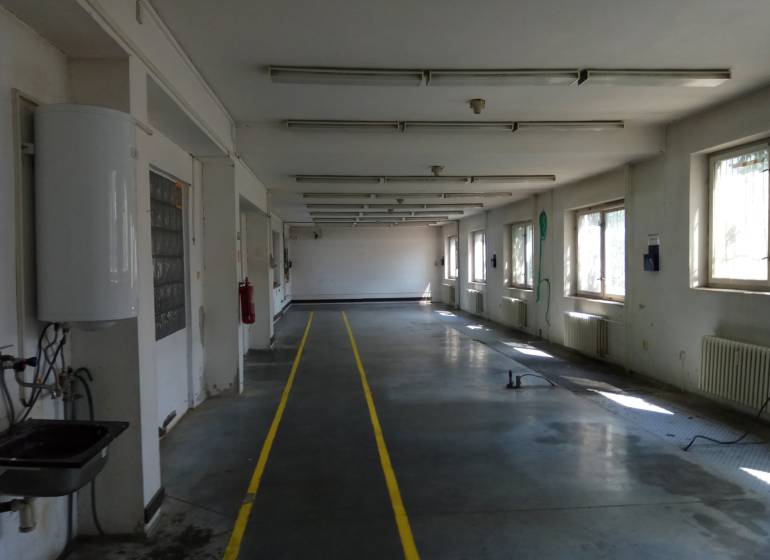 Production premises with a concrete floor, windows, and bright yellow lines on one side.
