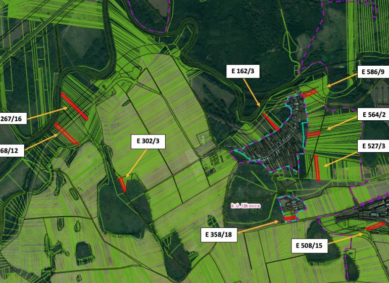 Map of agricultural and forest land around Ižkovce with parcel markings.
