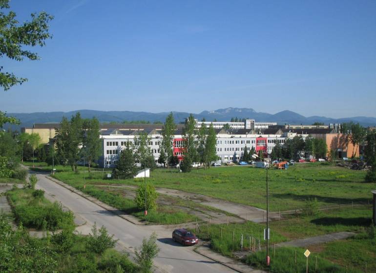 A building on a plot in Dubnica nad Váhom; commercial use with surrounding nature and road.