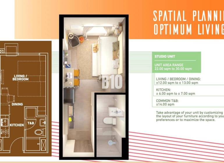 Floor plan of a 1-bedroom apartment with a kitchen, living room, and bathroom, optimized space.