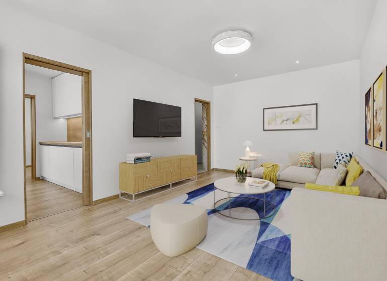 Living room with a sofa, paintings, and a television in a 4-room apartment.