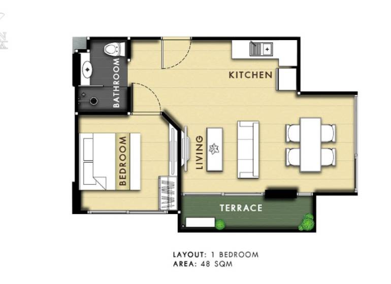 Floor plan of a 2-room apartment with a kitchen, living room, terrace, and bathroom.