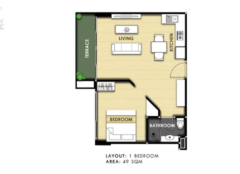 Floor plan of a 2-room apartment with a terrace, kitchen, living room, and bathroom. Area 49 m².