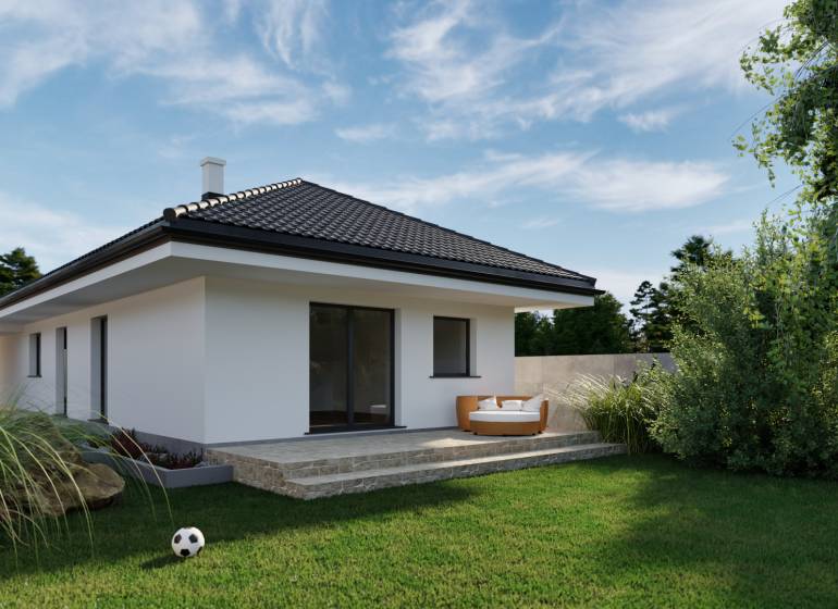 A family house with a garden on Veselé Street. Next to it is a car and a soccer ball.