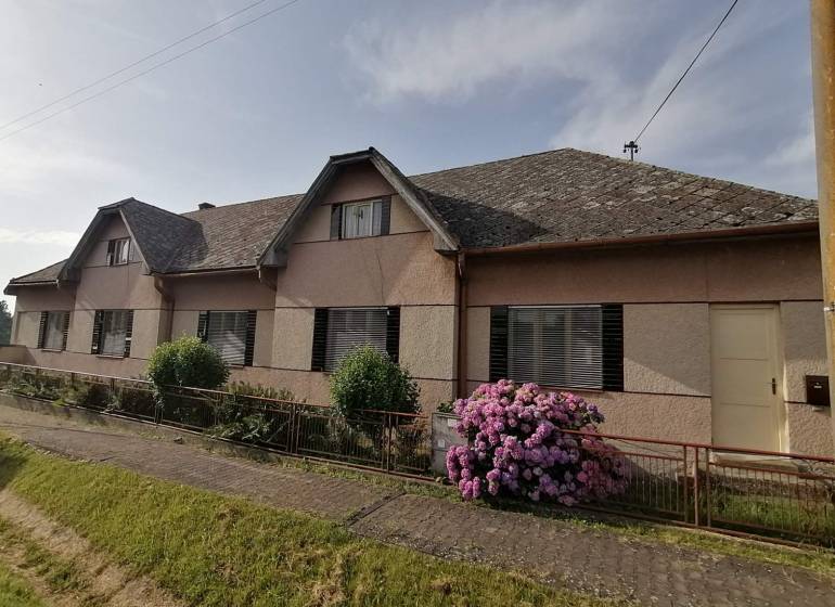 A family house in Hrkovce with flowers in front of the fence and a sloped roof.