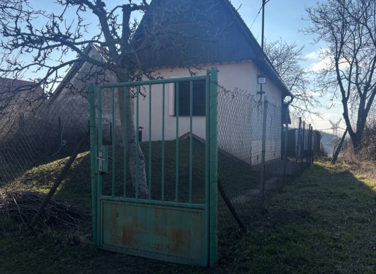 Small cottage surrounded by trees, fenced garden, ideal for recreational plots.