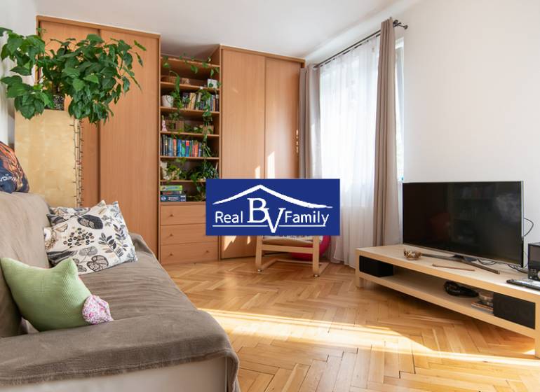 Living room in a studio apartment with a sofa, television, and a large wardrobe, light wooden parquet flooring.