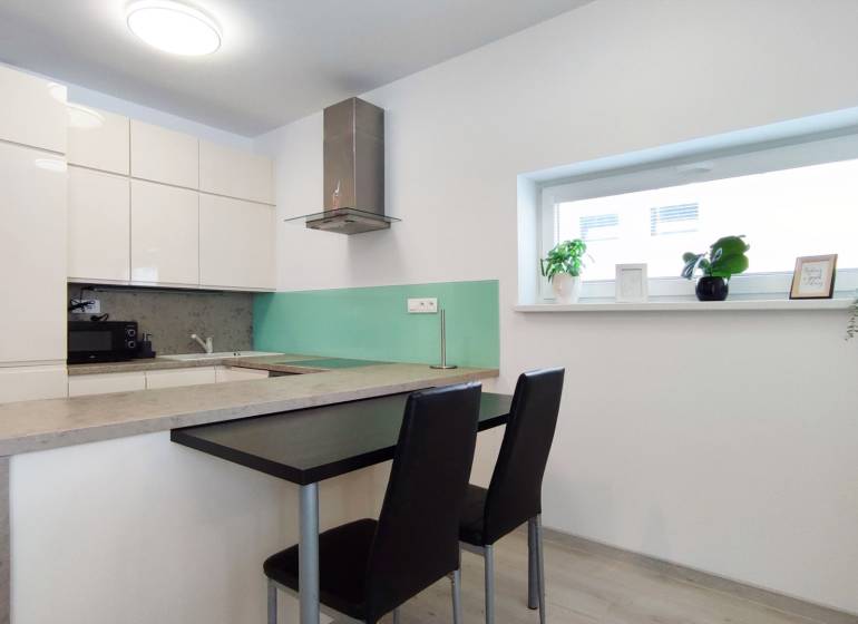 A kitchen in a 2-room apartment with a bar counter, stools, and decorative plants on the windowsill.