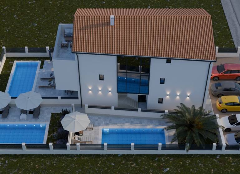 Exterior of a 4-room apartment in Mandre with a garden, pools, and parking spaces.