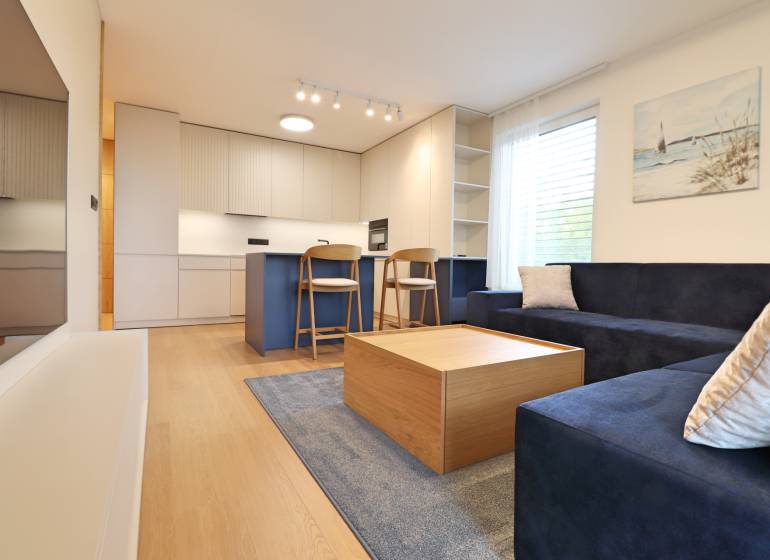 Living room with kitchen in a two-room apartment, bright interior with furniture.