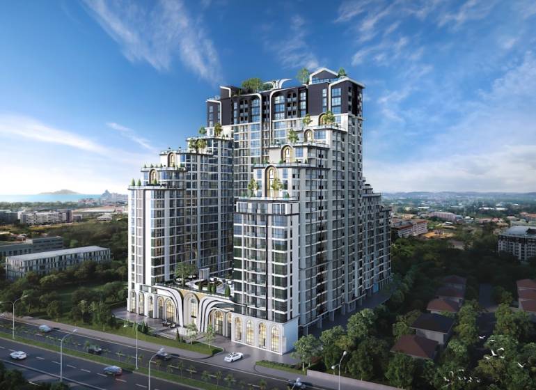 Construction of apartments in Pattaya with sea views and modern architecture.