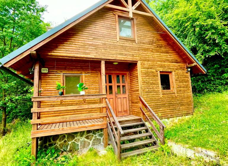 A wooden family house in Štefultov, surrounded by greenery, with a simple rural design.