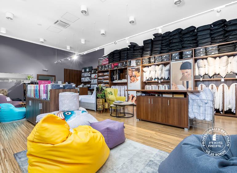 Commercial spaces with textiles and bean bags, displayed products and bean bags.