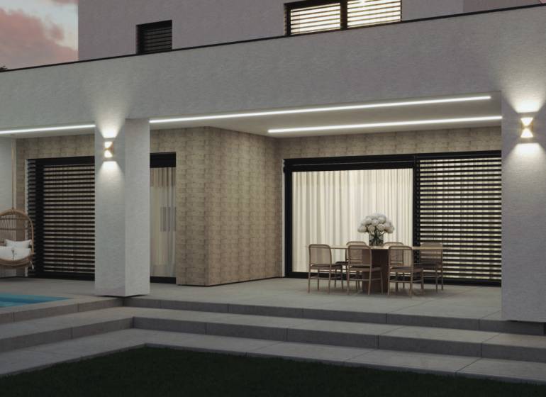 A family house in Opoj with a terrace, swimming pool, and garden seating at sunset.
