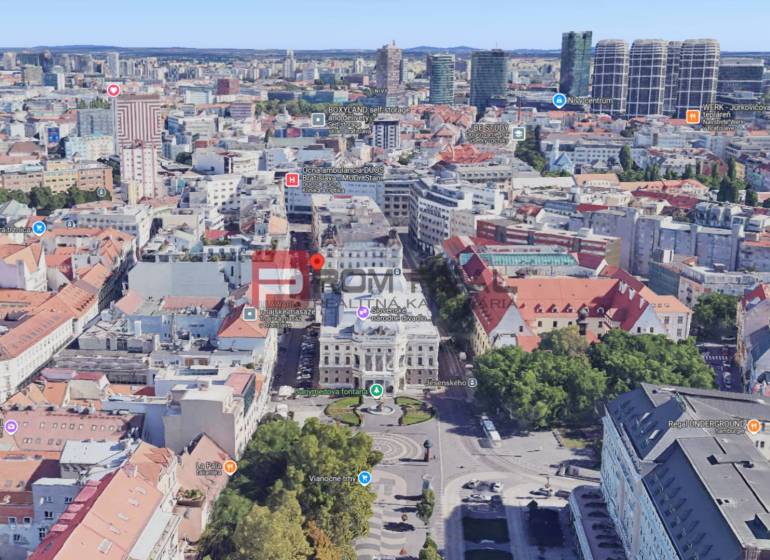 Aerial view of the center of Bratislava, Gorkého Street with buildings and greenery.