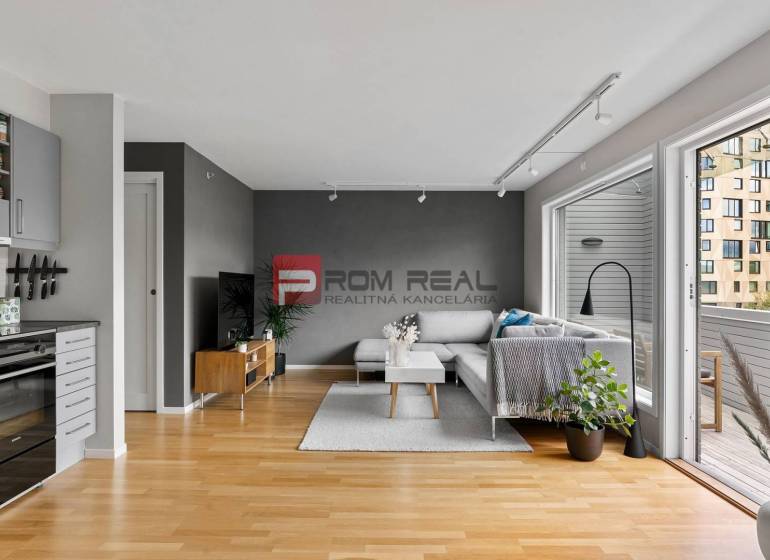 Living room with a kitchen in a 3-room apartment, with a sofa, kitchen unit, and a view of the terrace.