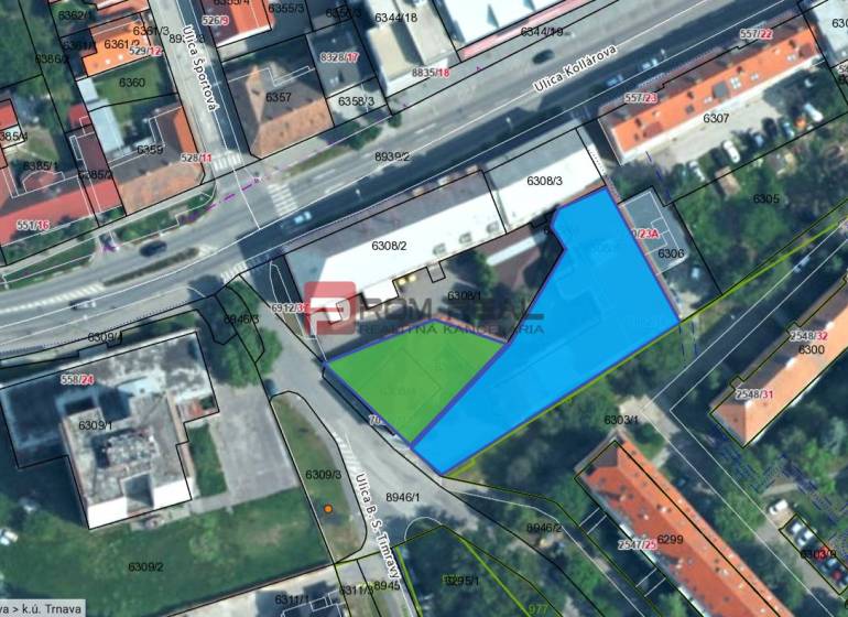 The plot on Ľ. Podjavorinská Street, outlined in blue, next to the building and Kollárova Street.