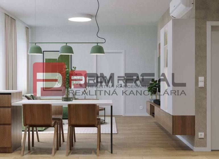 Interior of a 2-room apartment on Pezinok Street; kitchen, dining room, wooden elements, bright atmosphere.