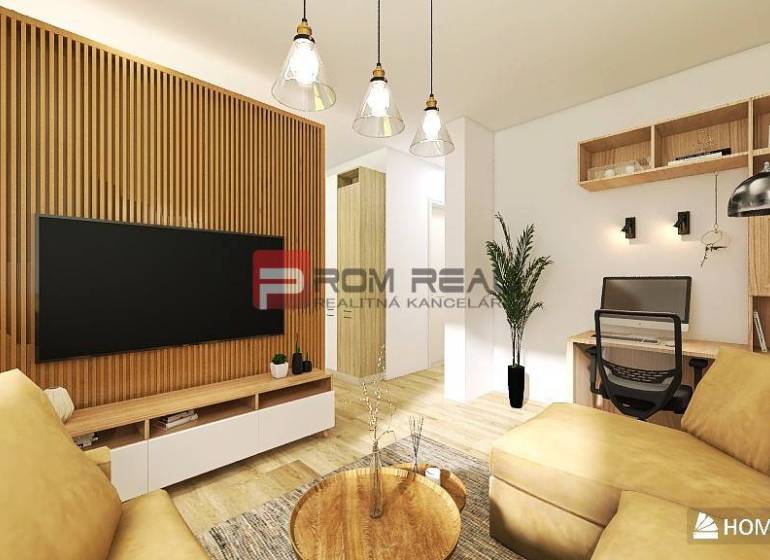 Living area in a studio apartment with a sofa, TV, desk, and wooden elements.