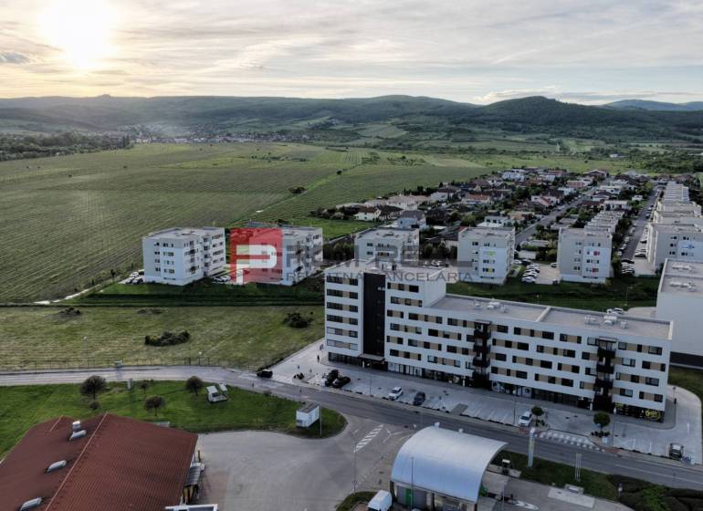 Aerial view of a neighborhood with 4-room apartments on Obchodná Street in Pezinok.