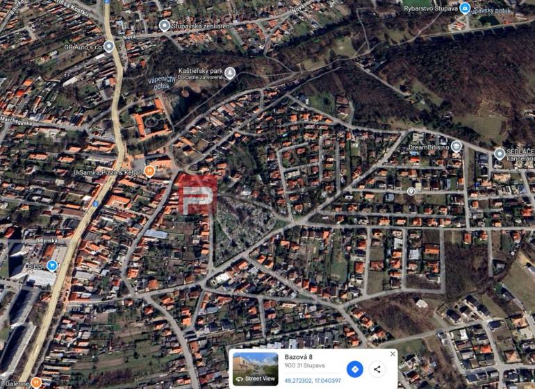 Aerial view of Bazová Street in Stupava, focused on residential plots.