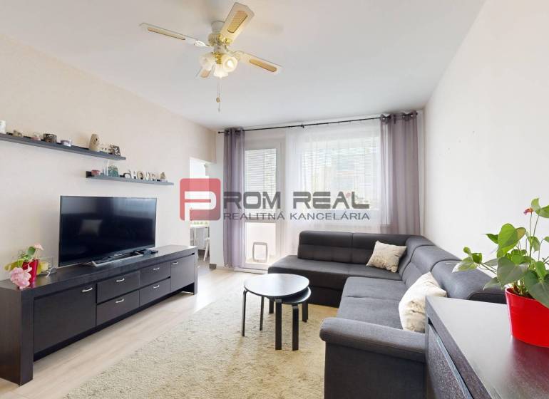 Living room of a 3-room apartment with a corner sofa and a TV stand, plants on the cabinet.