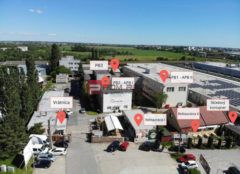Area of warehouses and halls on Púchovská Street in Bratislava III with object markings.
